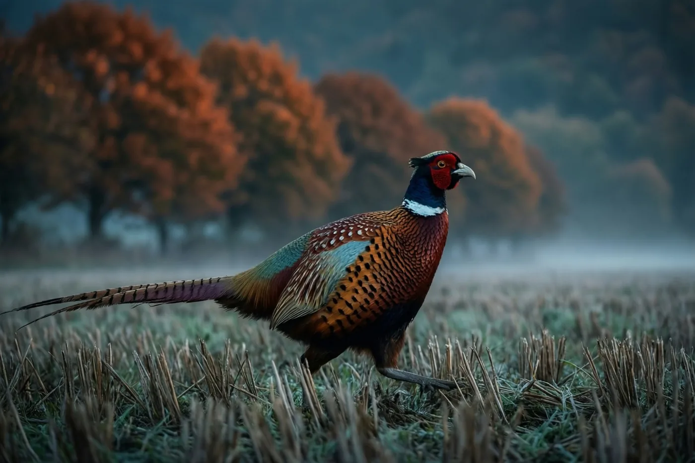 Een mannetjesfazant staat in een mistig stoppelveld voor een rij koperkleurige herfstbomen, in koele tinten met rode, oranje en blauwgroene accenten.