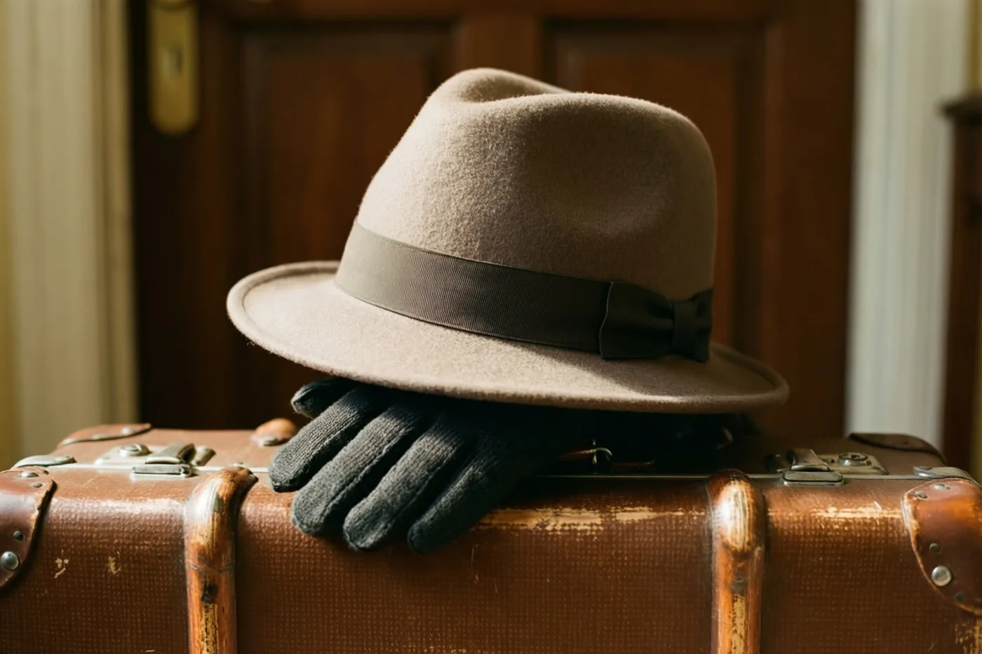 Een beige fedora met een donker lint en een strik ligt op een oude bruine koffer bij een houten deur, met een zwarte handschoen ernaast.