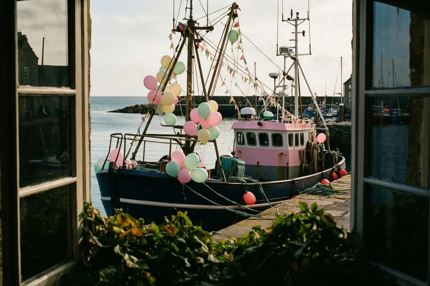 Door een open raam met groen op de voorgrond is een vissersboot met roze en lichtgroene ballonnen en vlaggenlijnen te zien in een rustige zeehaven.