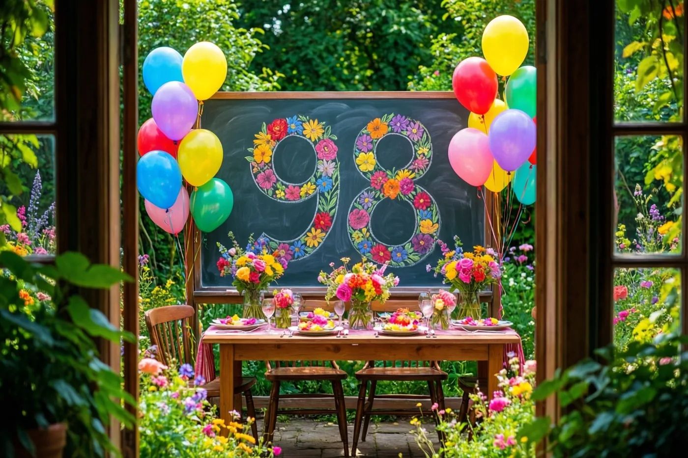 Door een open deuropening is een feestelijke tuintafel te zien met een krijtbord met 98, bloemen en kleurrijke ballonnen, omgeven door groen.