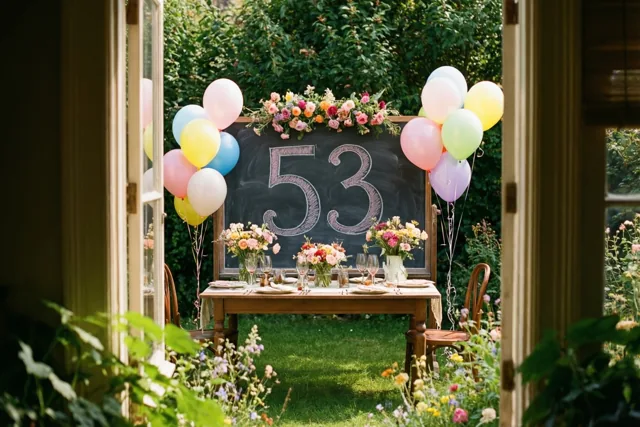 Door een open deuropening is een feestelijke tuintafel met een krijtbord met 53, bloemen en ballonnen te zien in een zonnige tuin met groen en wilde bloemen.