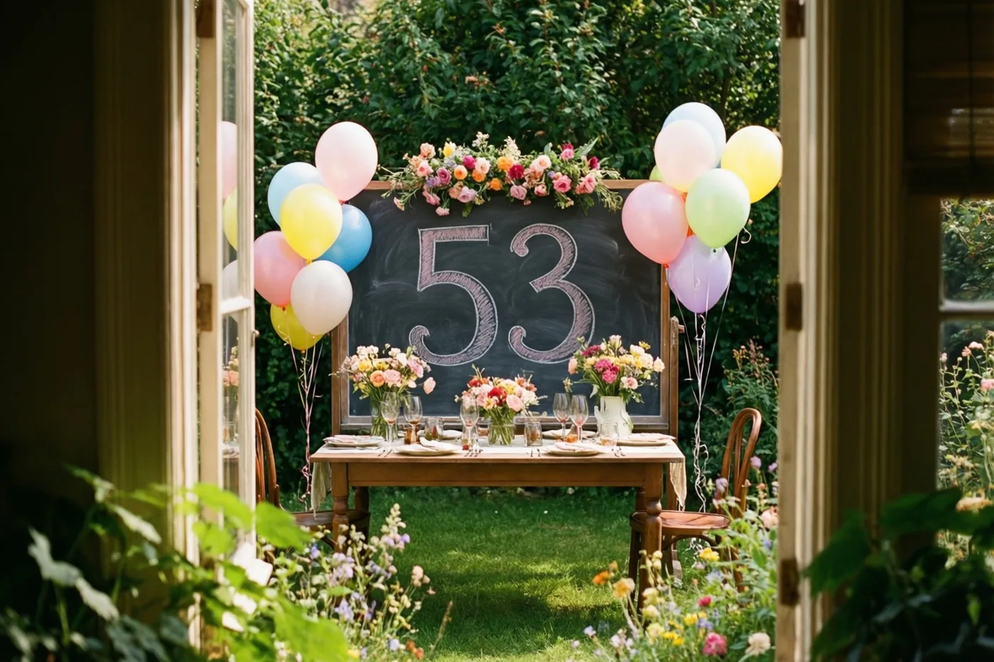 Door een open deuropening is een feestelijke tuintafel met een krijtbord met 53, bloemen en ballonnen te zien in een zonnige tuin met groen en wilde bloemen.