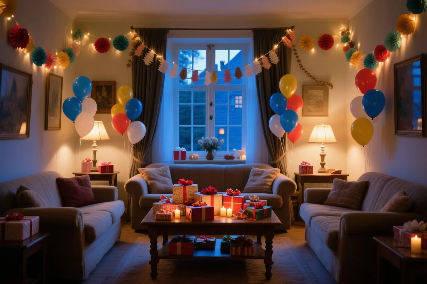 Een Vlaamse woonkamer met kleurrijke papieren slingers, ballonnen en een salontafel vol ingepakte cadeaus wordt verlicht door lichtslingers en kaarsen.