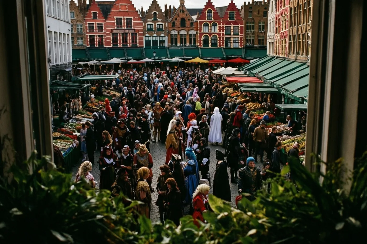 Door een raam zie je van bovenaf een druk marktplein met verklede mensen, historische bakstenen gevels, groene luifels en kasseien in gedempte tinten.