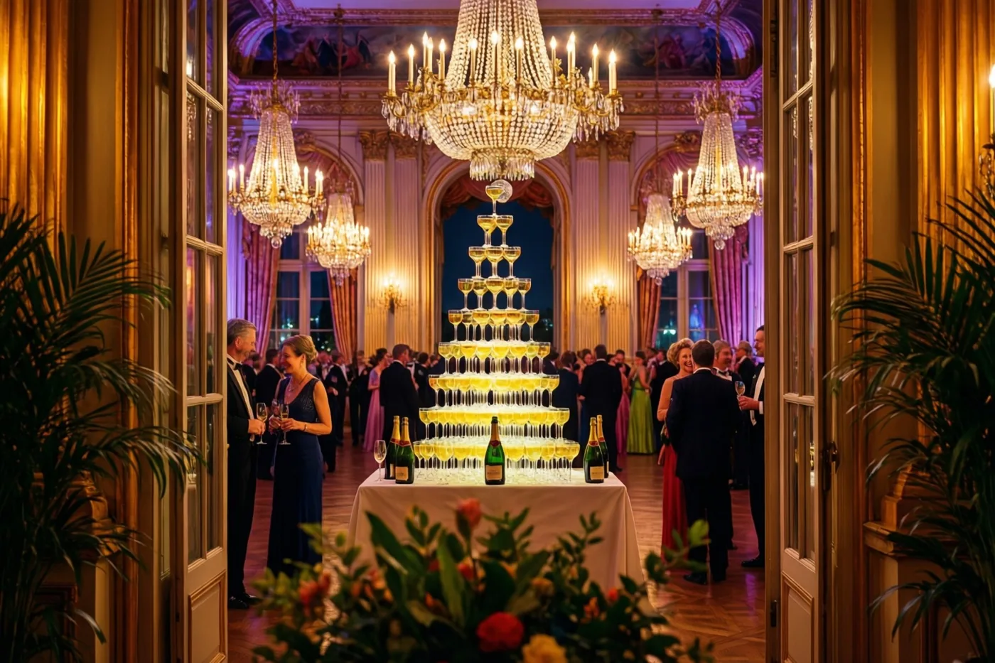 Feestelijk geklede gasten staan in een balzaal met grote kroonluchters en een hoge champagnepiramide op een wit tafellaken, in goud en paars licht.