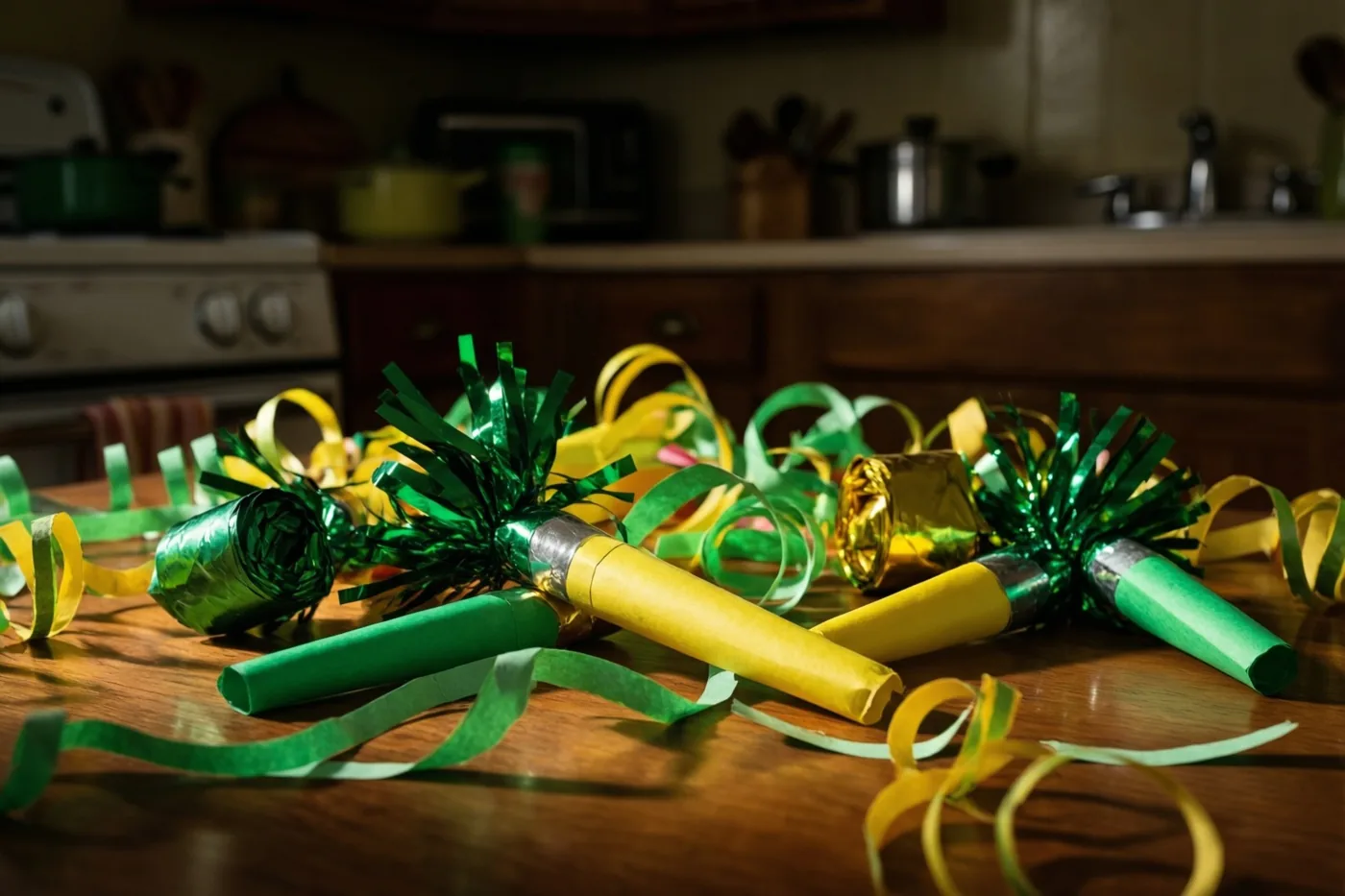 Retroconfettiknallers en groene en gele slingers van crêpepapier liggen op een houten tafel in een warm verlichte jarenzestigkeuken met houten kasten en toestellen.