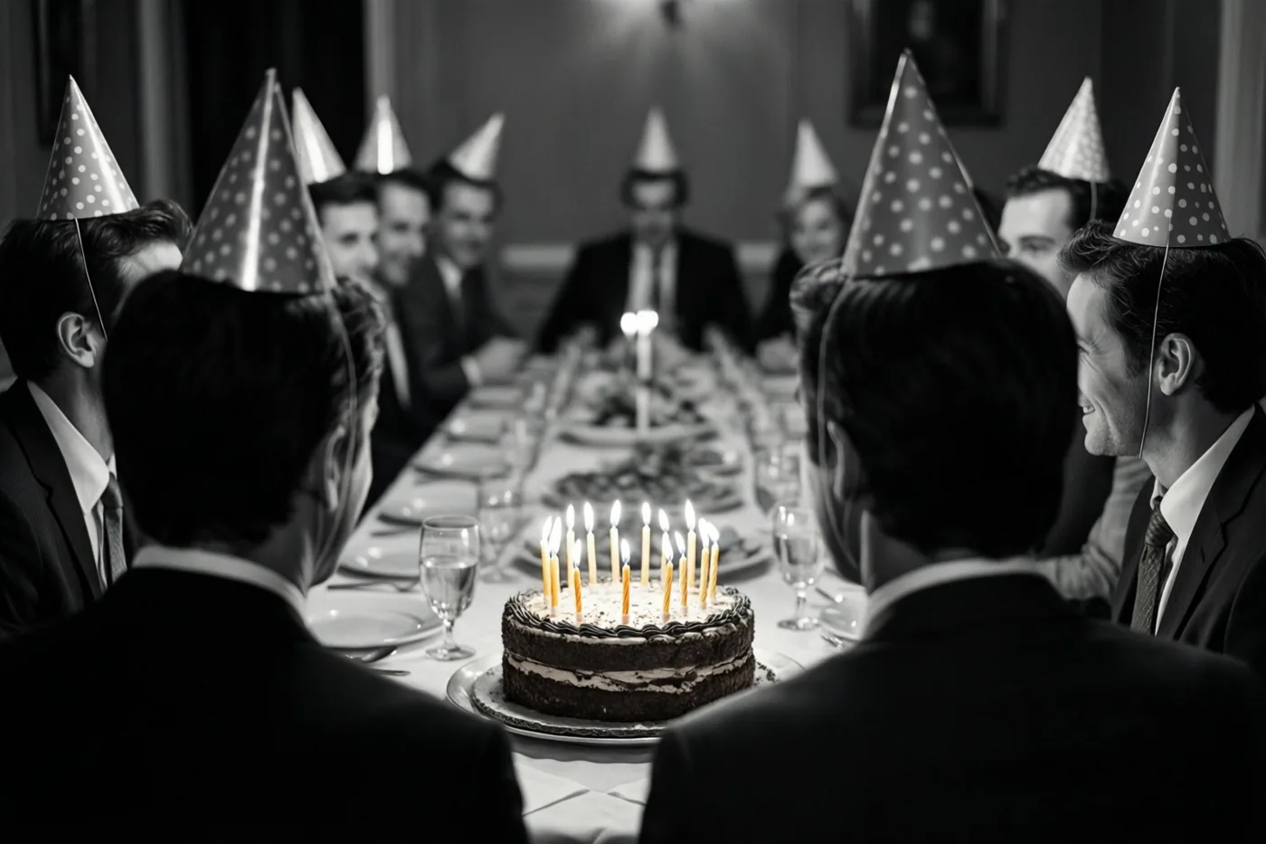 Op een zwart-witfoto zitten mensen met papieren feesthoedjes aan een lange tafel en kijken ze naar een taart met brandende kaarsjes.