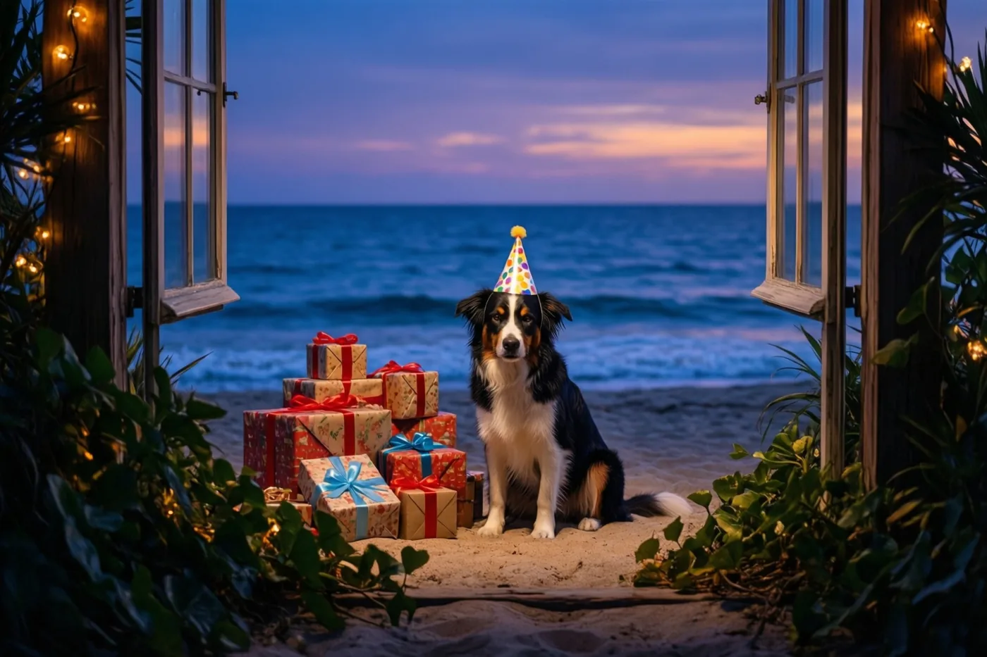 Door open ramen met lichtslingers is een hond met een feesthoed te zien op een zandstrand naast ingepakte cadeaus, met de zee en de schemerlucht erachter.