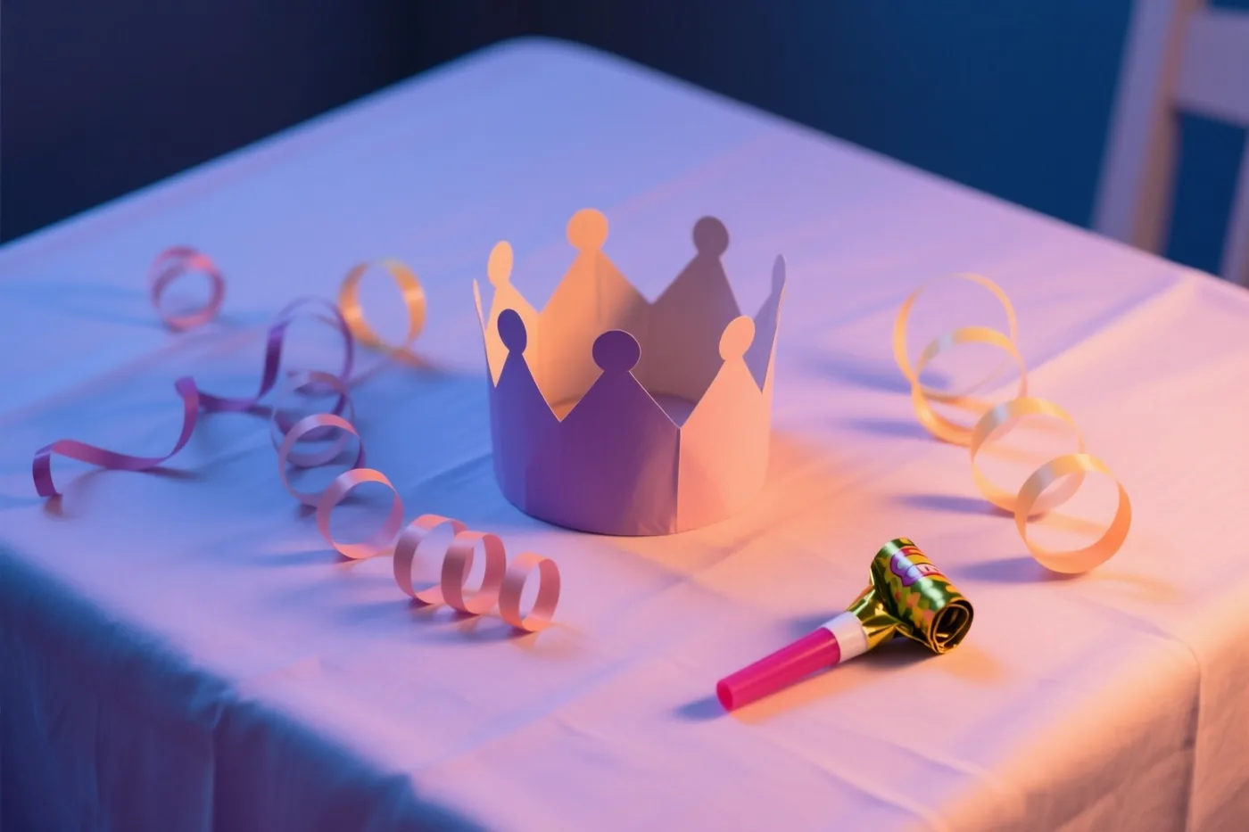 Een papieren feestkroon, krulslingers en een roltong liggen op een pastelkleurig tafelkleed in zacht paars en oranje licht.