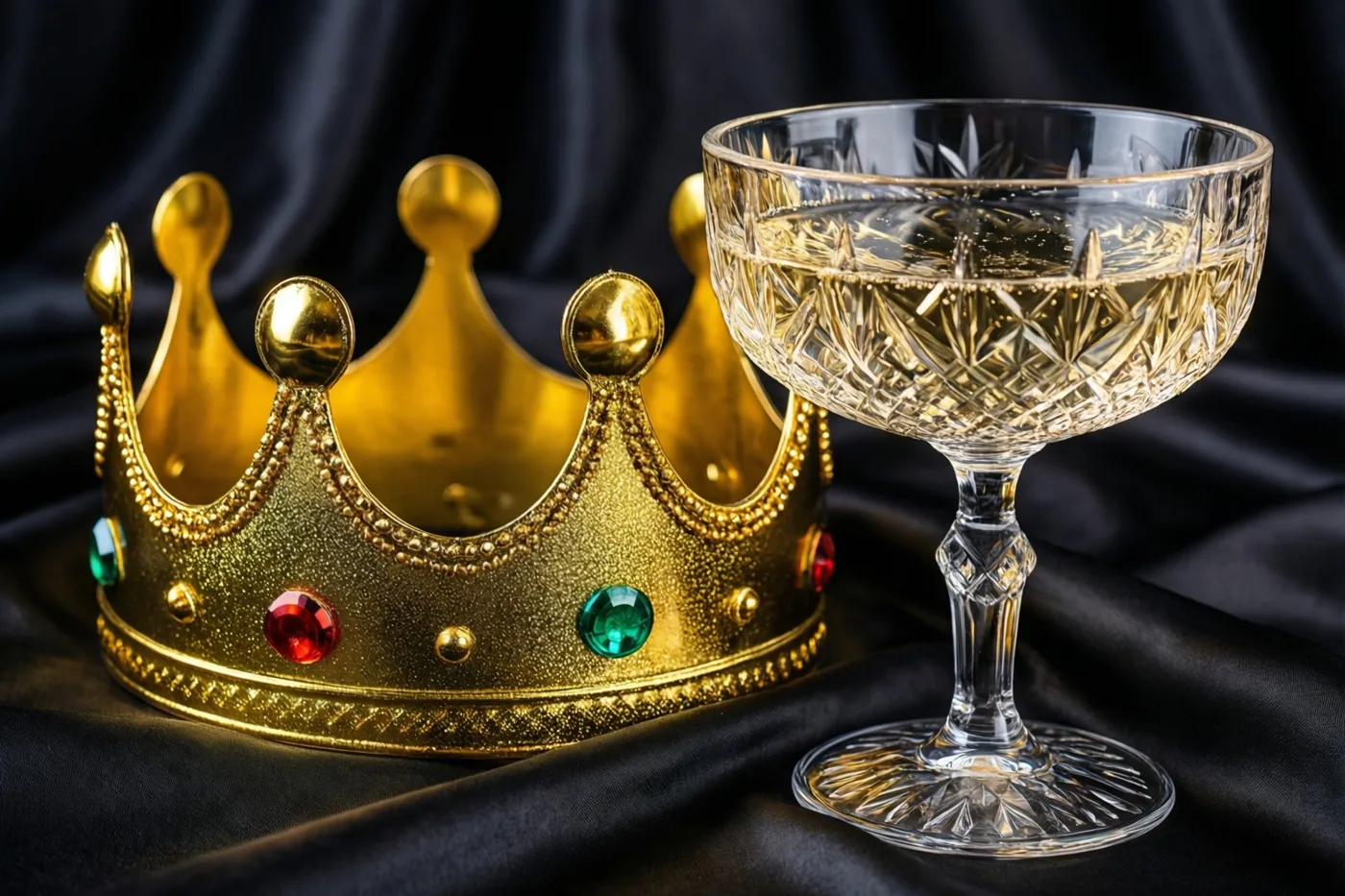Een gouden feestkroon met kleurrijke stenen ligt naast een kristallen coupe met champagne op zwarte zijde.