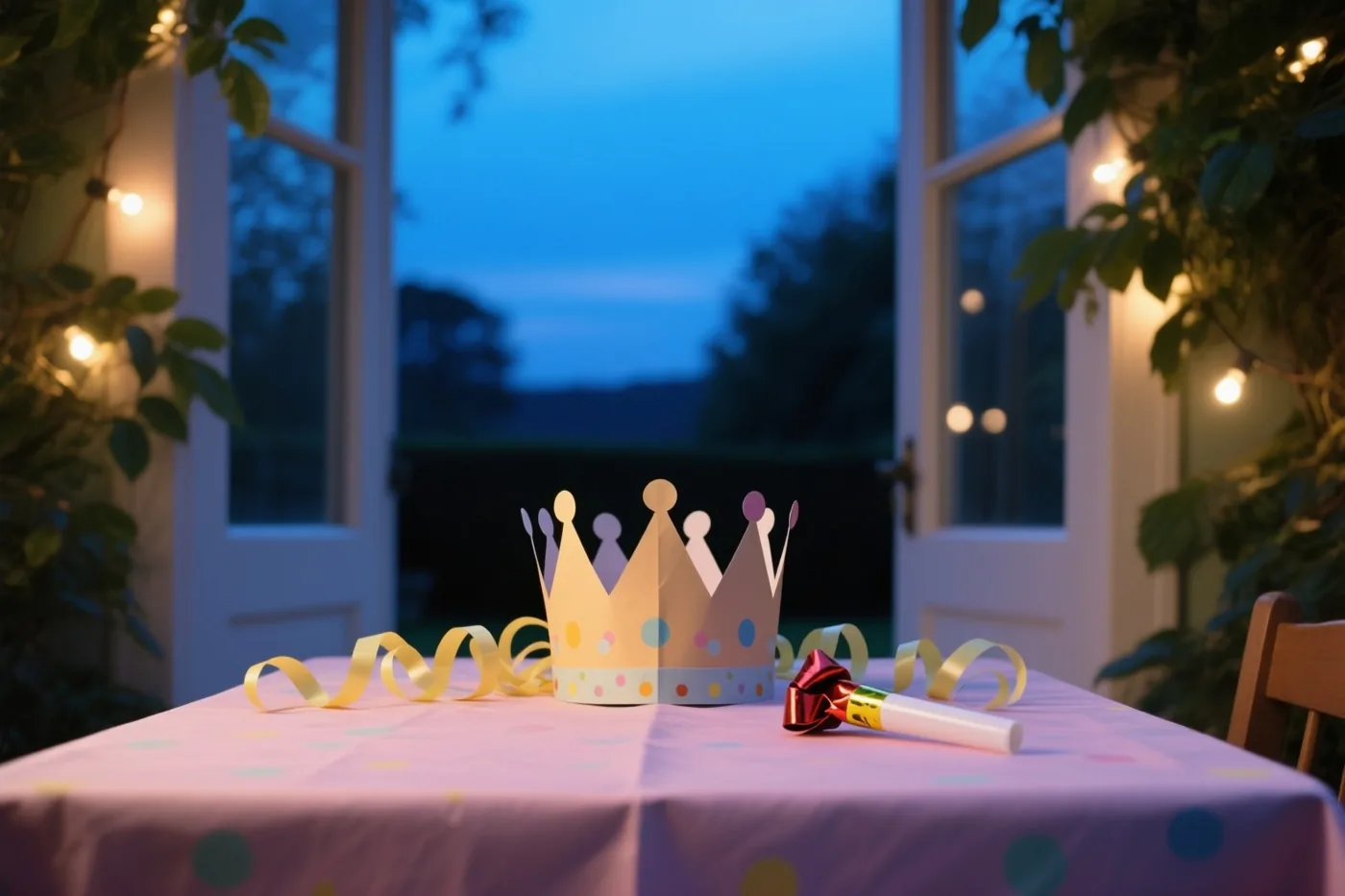 Een papieren feestkroon, gele krulslingers en een rode roltong liggen op een pastelroze tafelkleed met gekleurde stippen, met lichtslingers en groen zichtbaar door een witte deuropening in de schemering.