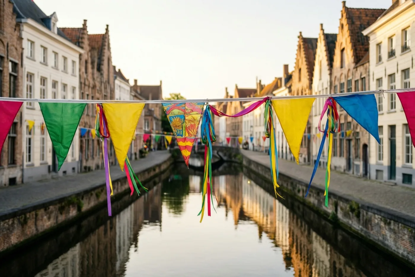 Kleurrijke driehoekige vlaggetjes en linten hangen boven een rustig kanaal waarin historische Vlaamse gebouwen weerspiegelen in warm gouden licht.