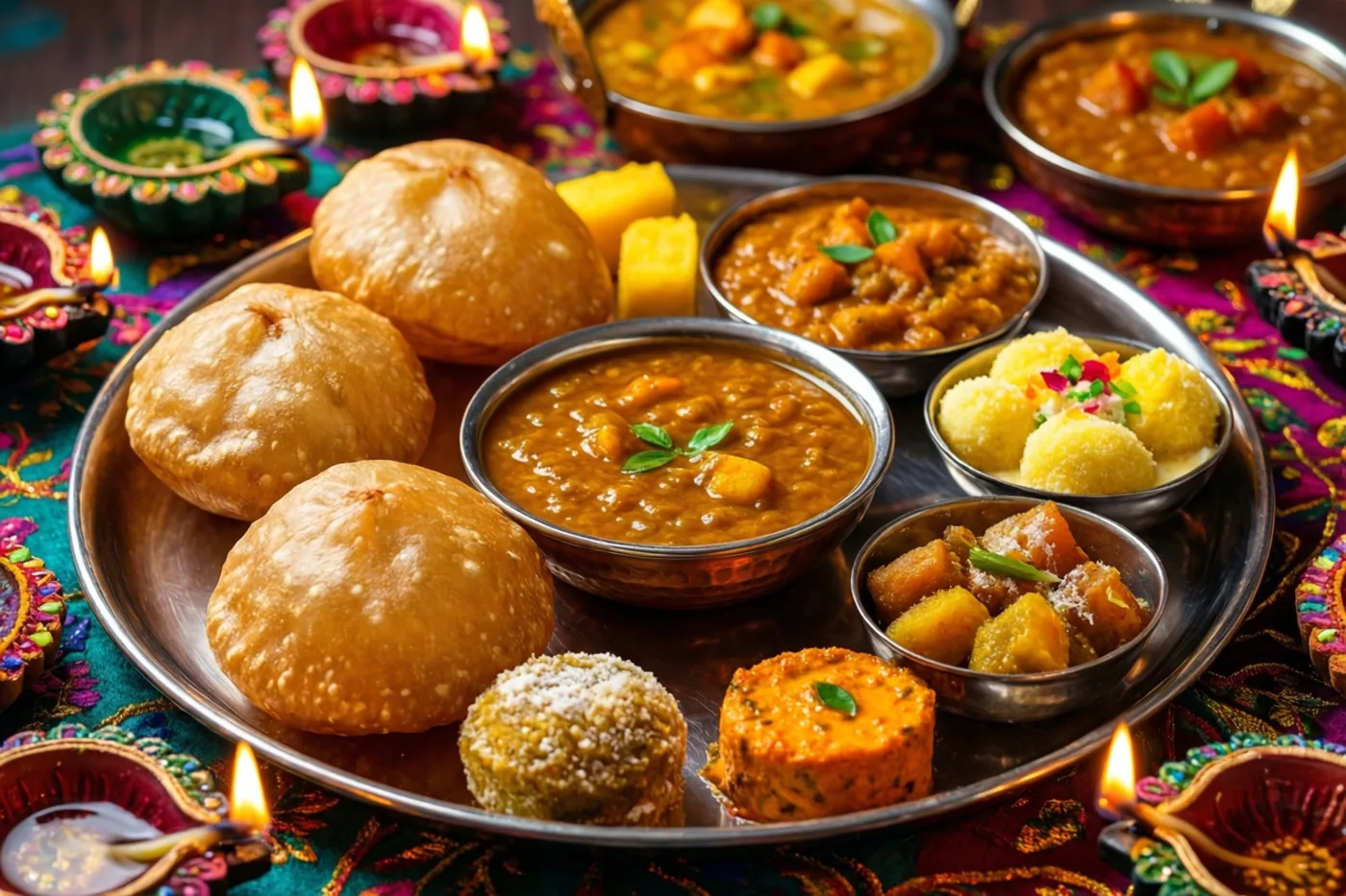 Op een kleurrijk geborduurde doek staat een groot metalen dienblad met goudgele puri, kommen dal en curry en verschillende zoetigheden, omringd door brandende olielampjes.