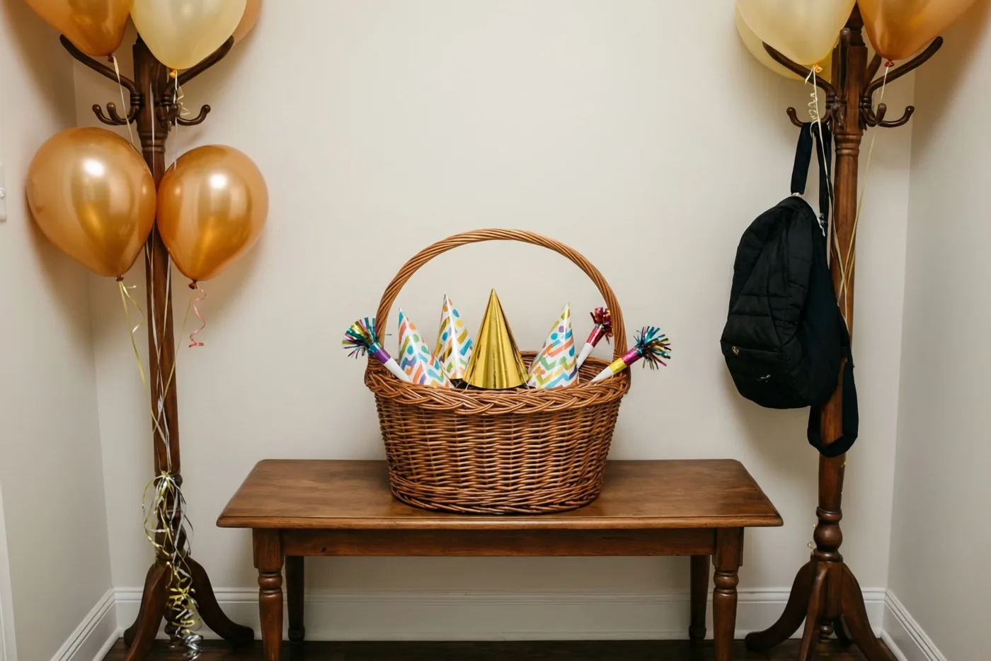 Een rieten mand met kleurrijke papieren feesthoedjes en roltongen staat op een houten bank in een gang tussen houten kapstokken met gouden ballonnen.