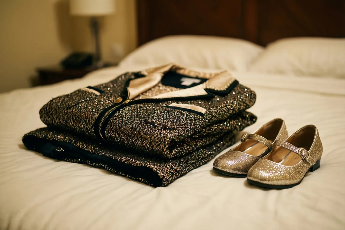 Een opgevouwen zwart-gouden feestoutfit ligt op een wit bed naast kleine gouden glitterschoenen met een bandje in warm licht.