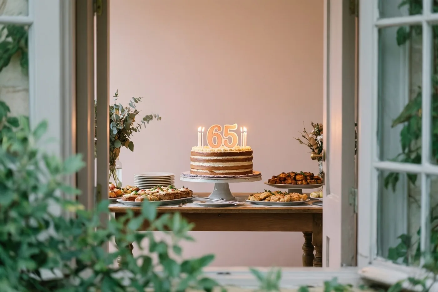 Door een open deur is een taart met meerdere lagen, brandende kaarsjes en een papieren 65 op een houten buffettafel te zien, met een zachtroze muur en groen eromheen.
