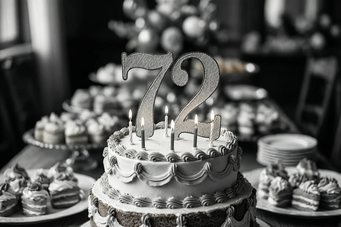 Een zwart-witfoto toont een taart met verdiepingen, een grote papieren versiering met 72 en brandende kaarsen op een buffet met andere desserts.