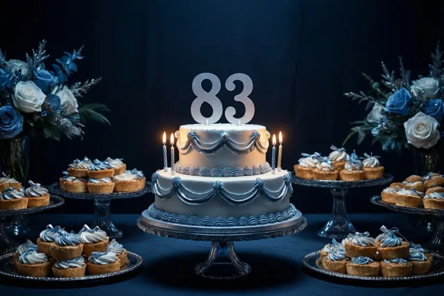 Een taart met twee verdiepingen, een zilveren versiering met 83 en brandende kaarsjes staat op een buffet tussen cupcakes en blauwe en witte bloemstukken tegen een donkerblauwe achtergrond.