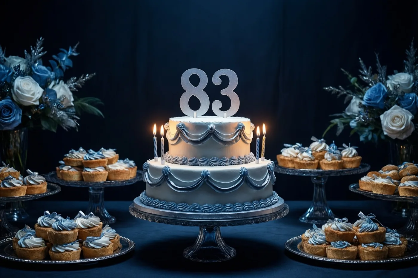 Een taart met twee verdiepingen, een zilveren versiering met 83 en brandende kaarsjes staat op een buffet tussen cupcakes en blauwe en witte bloemstukken tegen een donkerblauwe achtergrond.