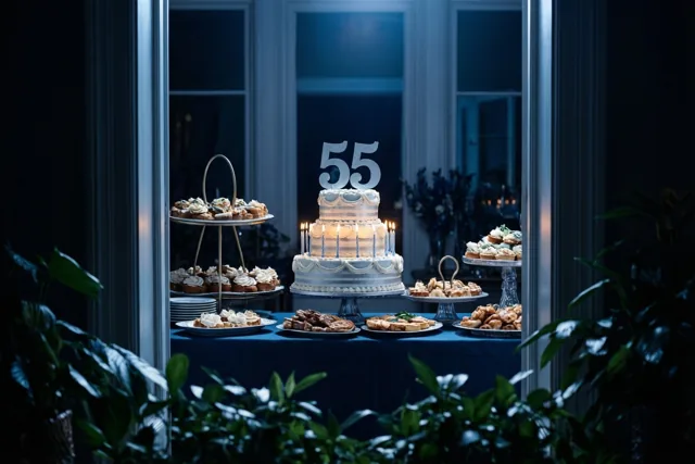 Door een opening is een taart met meerdere lagen, kaarsjes en een papieren 55 te zien tussen desserts op een blauw tafelkleed, met planten op de voorgrond.