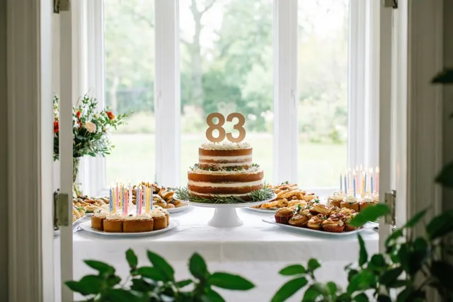 Een taart met meerdere verdiepingen en een papieren versiering met 83 staat bij een raam op een witte buffettafel tussen cupcakes en ander gebak met kaarsjes, met groen eromheen.
