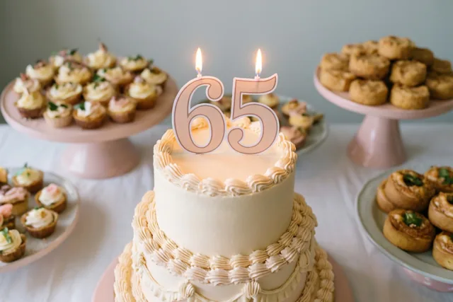 Een taart met meerdere lagen, een papieren 65 en twee brandende kaarsjes staat op een wit tafelkleed, met pastelroze en roomkleurige dessertstaanders achteraan.