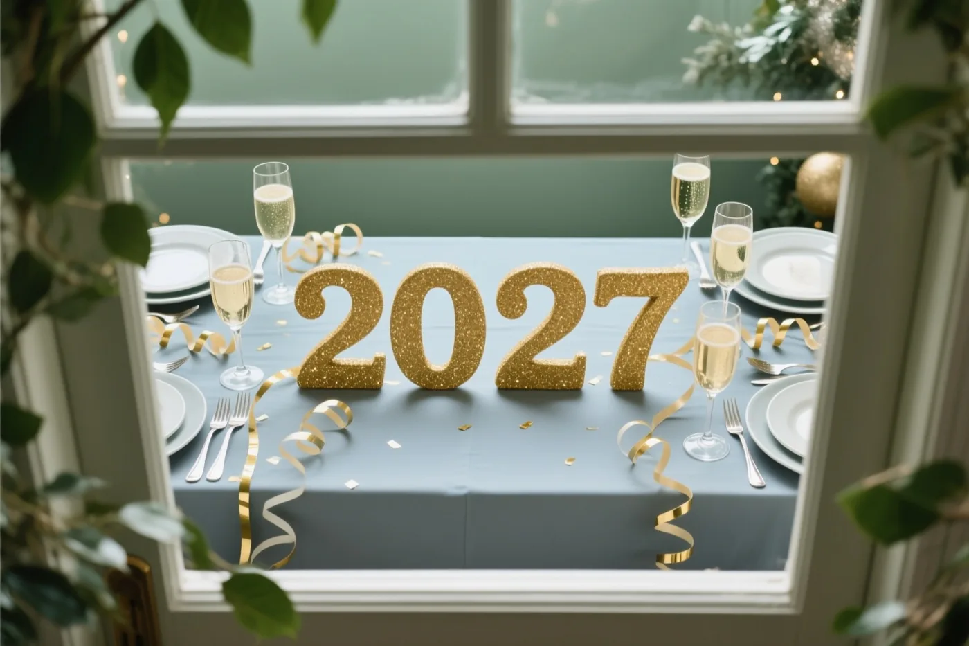 Door een raam met groen eromheen is een tafel met een blauw tafelkleed te zien, met gouden cijfers 2027, champagneglazen, gouden slingers, witte borden en bestek.