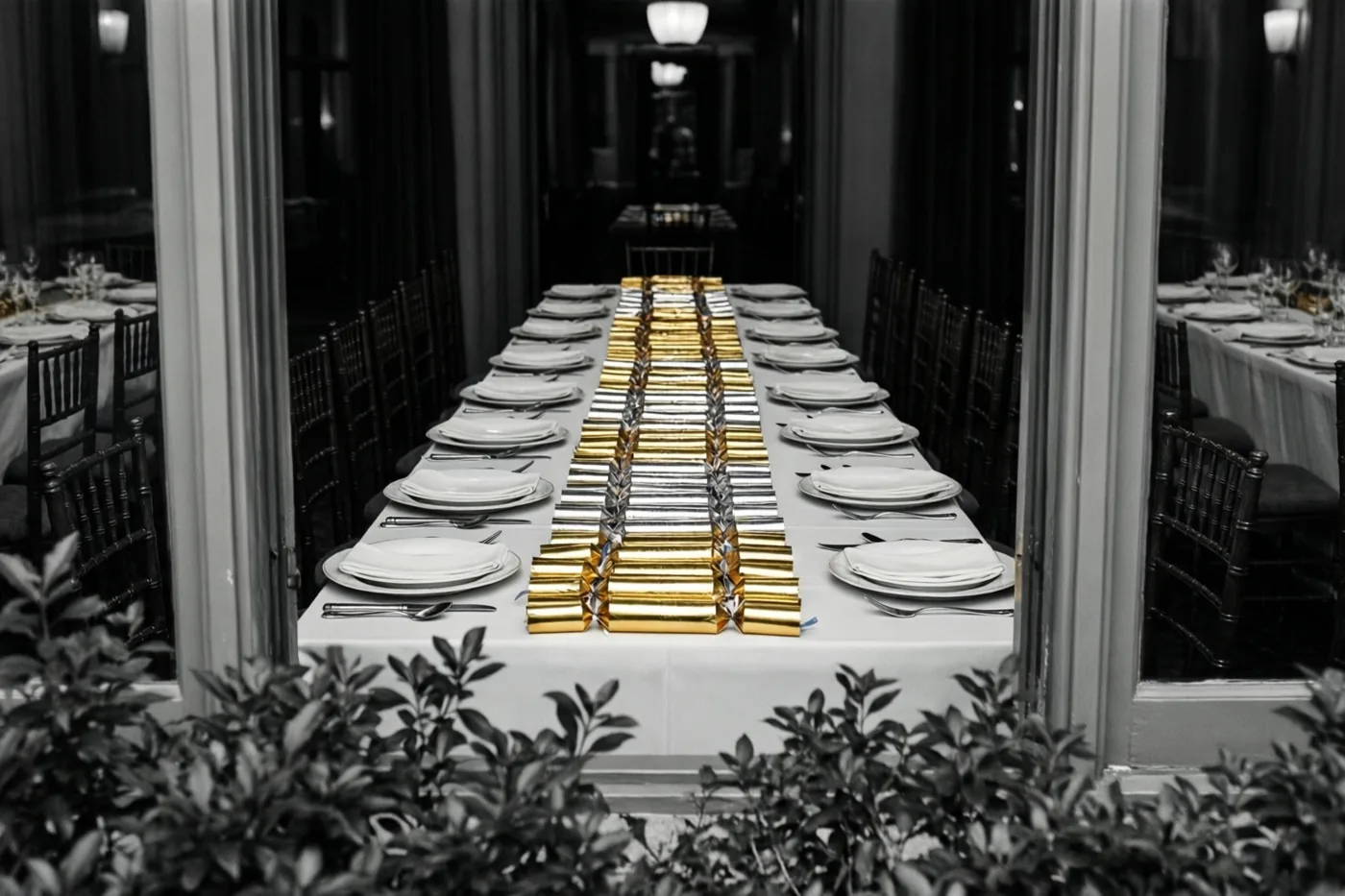 Door een deuropening is een lange tafel te zien met witte borden en gouden en zilveren feestcrackers in het midden, met groen op de voorgrond.