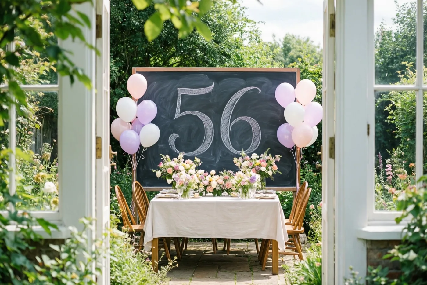 Door een open deuropening is een gedekte tuintafel te zien met een krijtbord met 56, pastelballonnen en bloemstukken in een zonnige tuin.