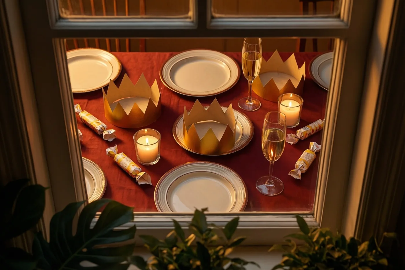 Door een raam is een feesttafel te zien met papieren kroontjes, lege borden, champagneglazen en brandende kaarsen op een rood tafelkleed.