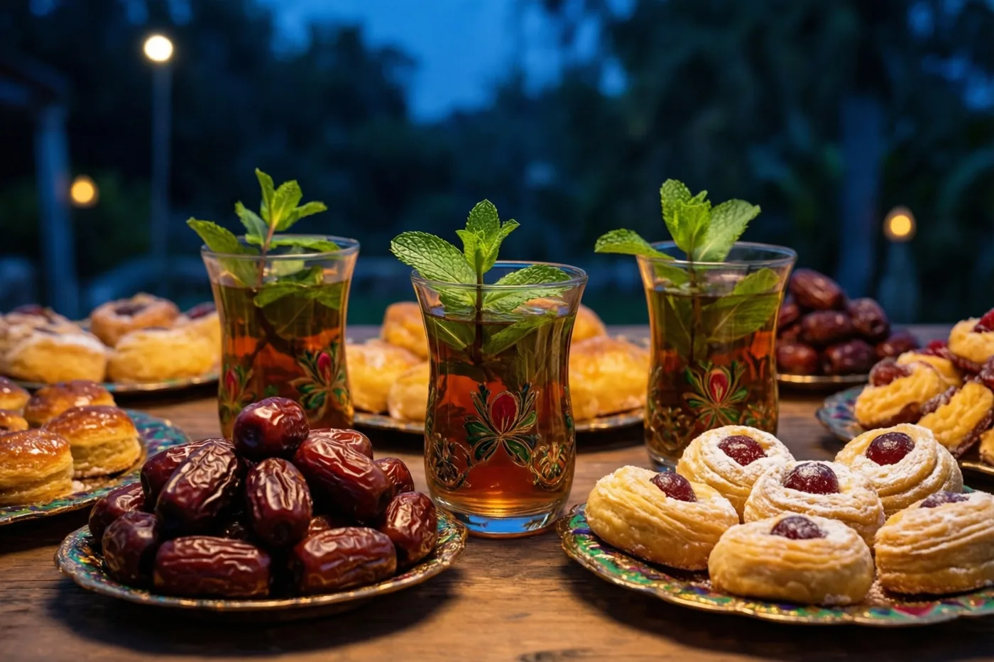 Glazen muntthee en borden met dadels en zoet gebak staan buiten op een feesttafel onder warme lichtjes in de blauwige schemering.