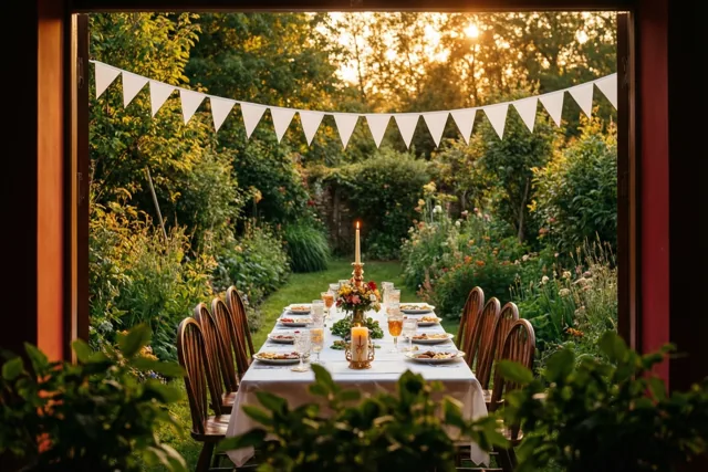 Door een open deur is een lange gedekte tuintafel met witte vlaggetjes en een brandende kaars te zien in het gouden licht van de ondergaande zon.