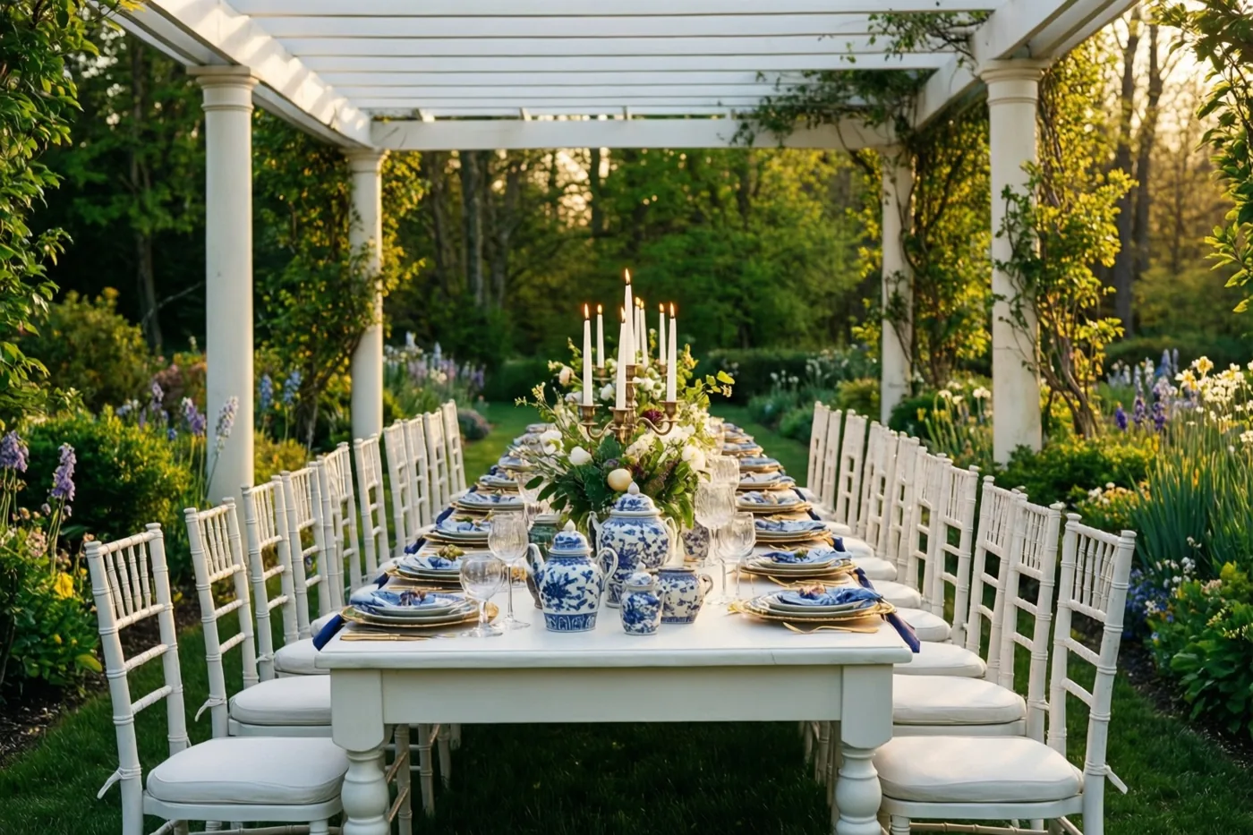 Een lange witte tafel met blauw-wit porselein en brandende witte kaarsen staat onder een witte pergola in een groene tuin in warm zonlicht.