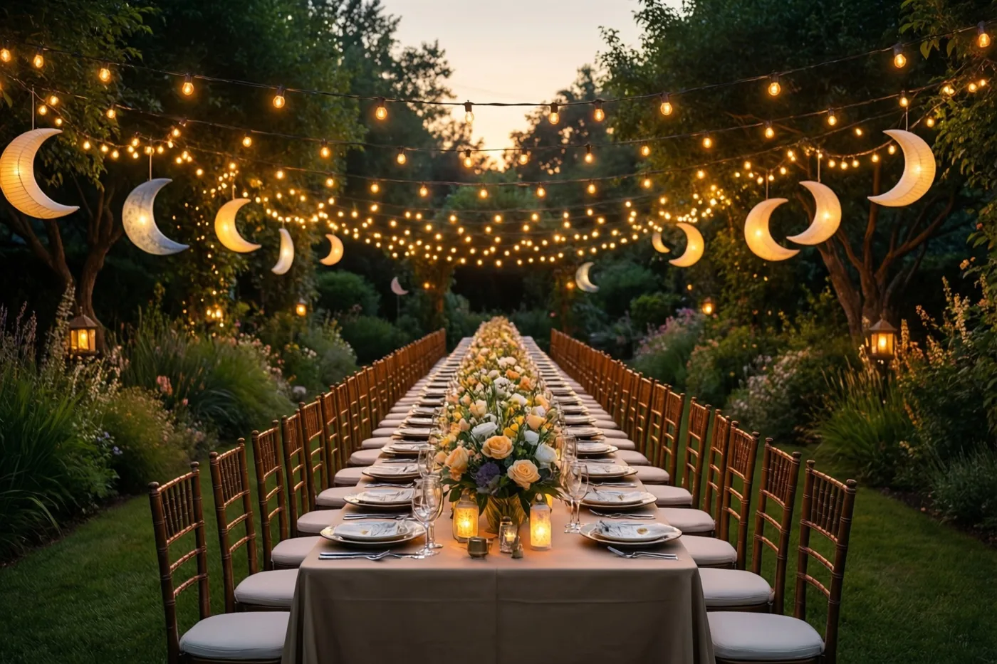 Een lange feesttafel staat bij schemering in een groene tuin onder lichtslingers en lichtgevende maanlantaarns, in warm goudkleurig licht.