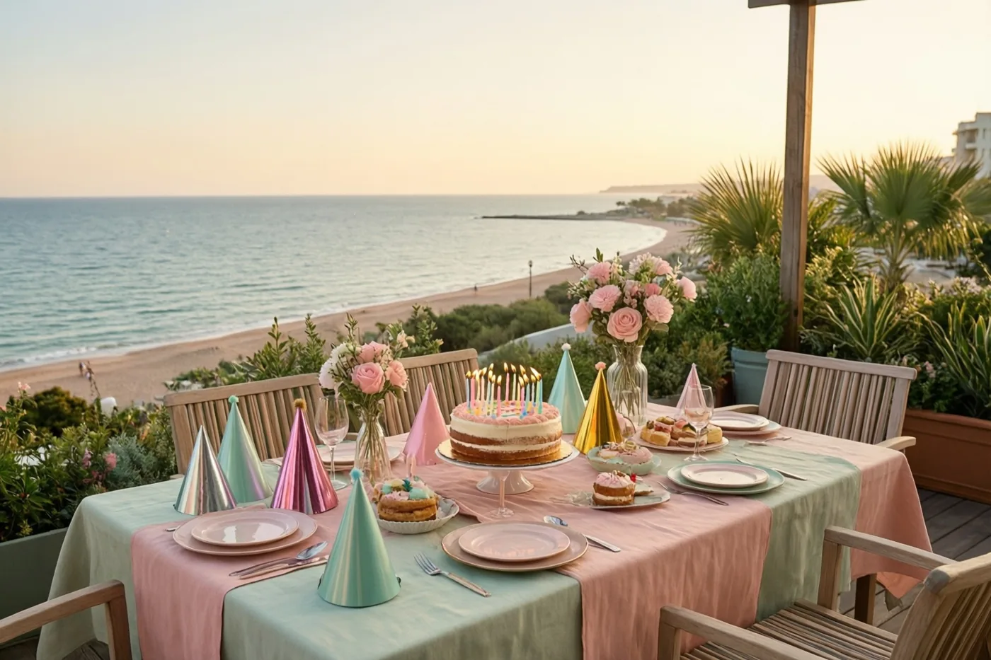 Een feestelijk gedekte terrastafel met feesthoedjes, een taart met brandende kaarsjes, pastelkleurig tafellinnen en bloemen kijkt uit op het strand en de zee bij zonsondergang.