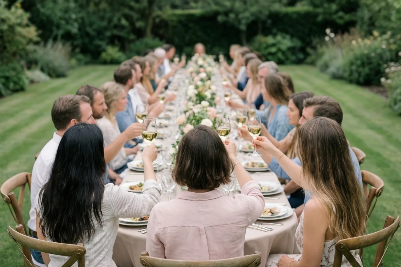 Gasten heffen hun glazen aan een lange buitentafel met bloemstukken in een weelderig groene tuin met beige en zachte pasteltinten.