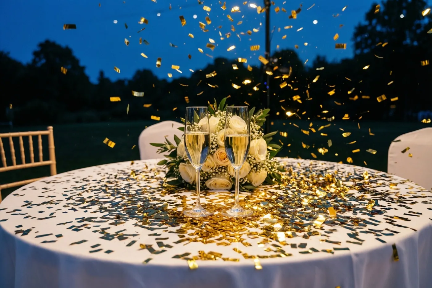 Een ronde tafel met een wit tafellaken, gouden confetti, twee champagneglazen en een bruidsboeket van witte rozen staat buiten in de schemering.