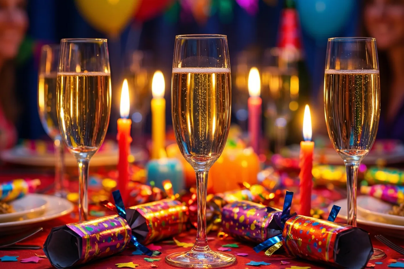 Op een feesttafel staan champagneglazen met bubbels, kleurrijke knalbonbons en brandende kaarsen tussen confetti en ballonnen.