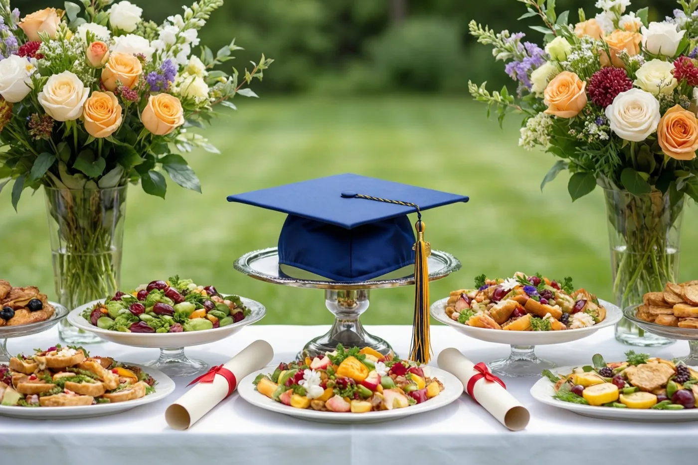 Op een buitentafel met een wit tafelkleed staan een afstudeerhoed op een sokkel, opgerolde diploma's en kleurrijke gerechten tussen grote bloemstukken.