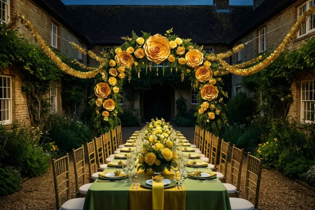 Een lange gedekte tafel staat op de stenen binnenplaats van een hoeve, versierd met gouden slingers en een boog van papieren rozen in een decor van goud en groen.