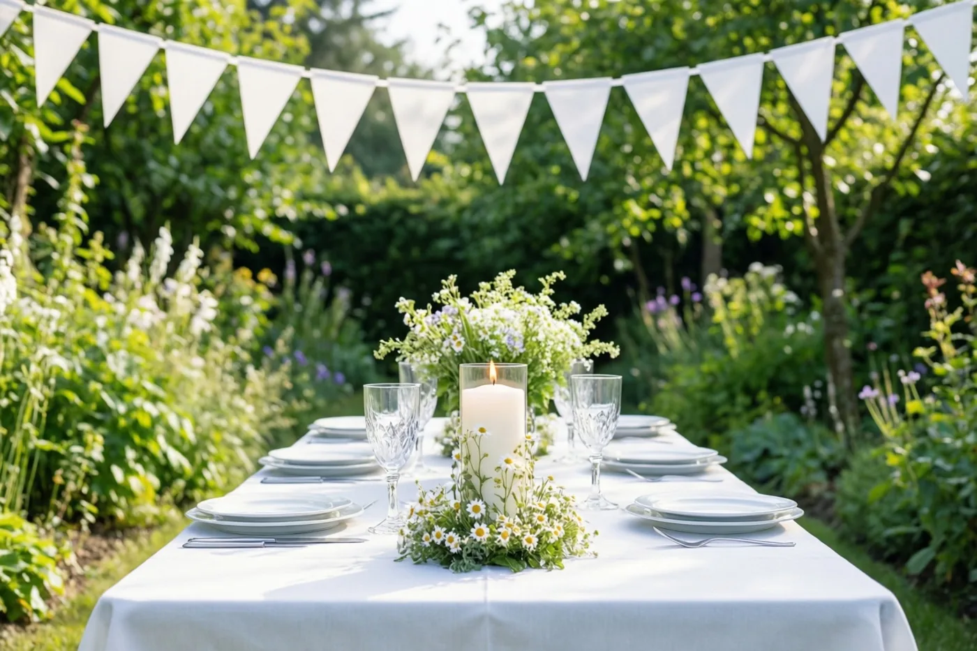 Een lange tafel met een wit tafellaken en een centrale kaars tussen madeliefjes staat onder witte vlaggetjes in een tuin met groen en wilde bloemen.