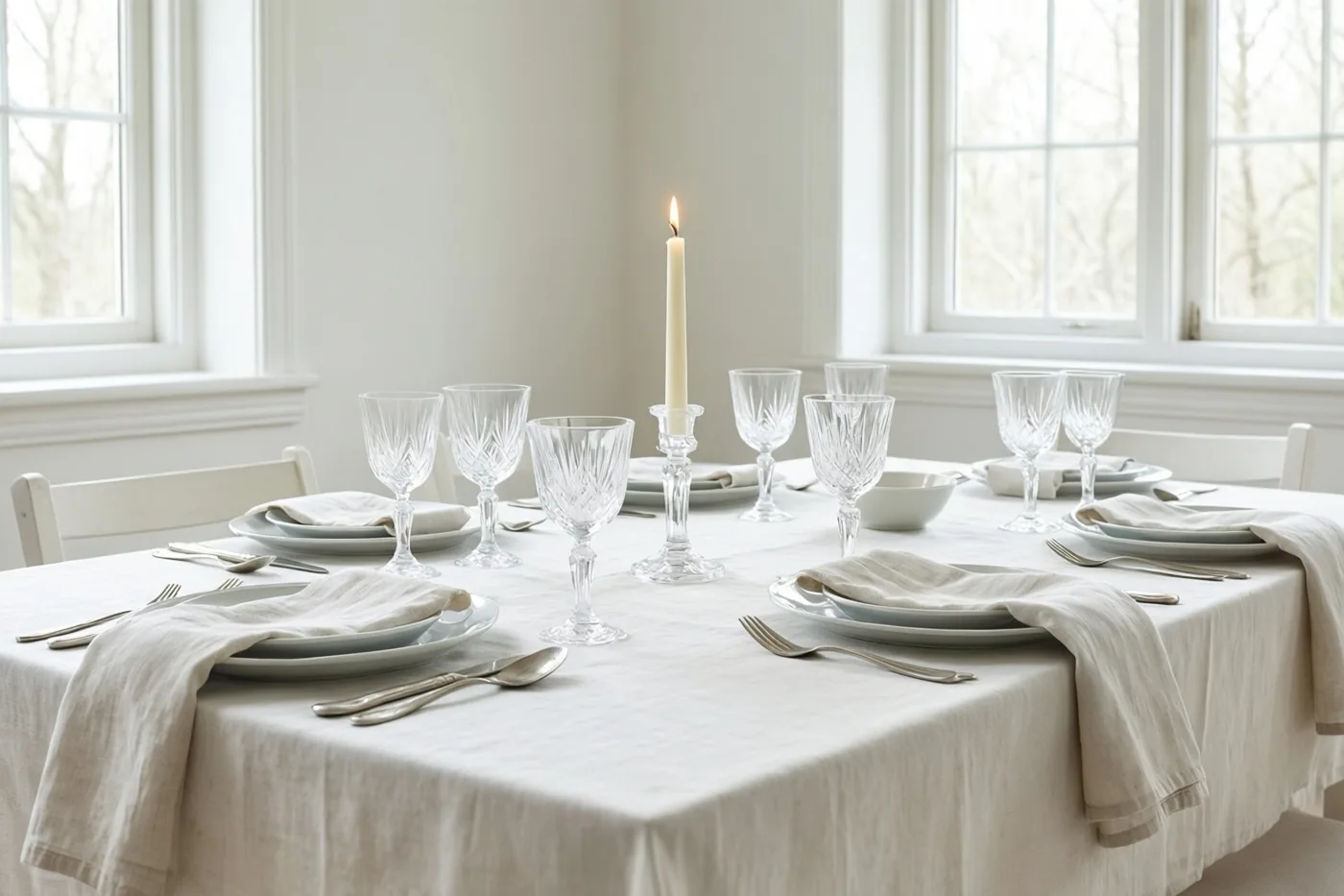 Een tafel met wit linnen, kristallen glazen en een brandende communiekaars staat in een lichte kamer met grote ramen die uitkijken op kale bomen.