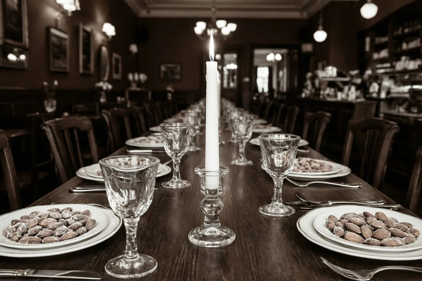Een lange houten tafel in een bruin café is gedekt met witte borden met suikeramandelen, kristallen glazen en één brandende witte kaars in het midden.