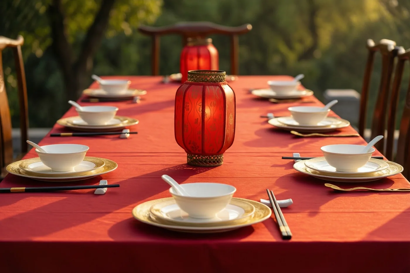 Een lange buitentafel met een rood tafelkleed is gedekt met witte porseleinen kommetjes en eetstokjes, met een rode lantaarn in het midden en groene bomen op de achtergrond.