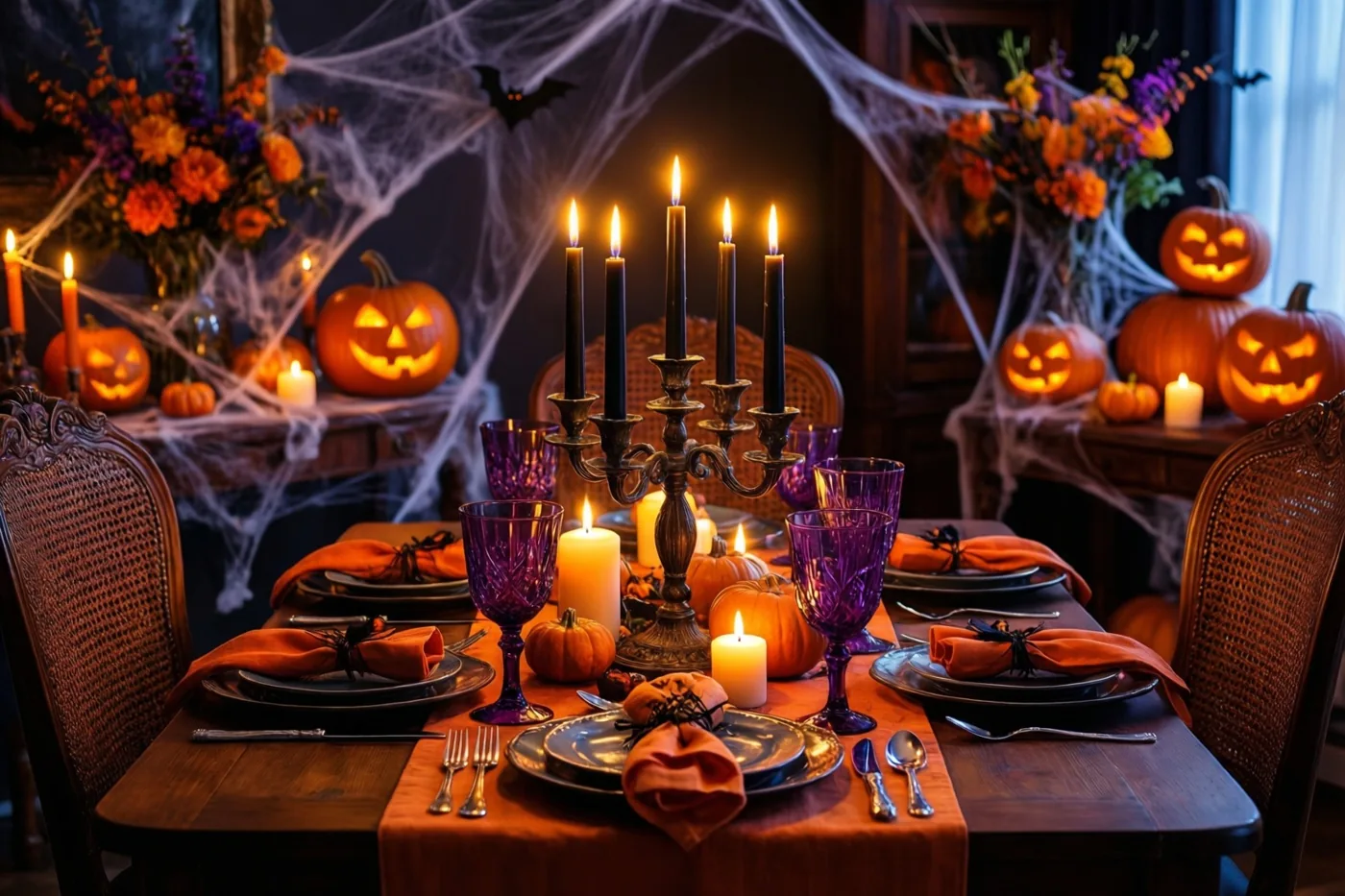 Een eettafel is gedekt met zwarte kaarsen en uitgesneden pompoenen in een kamer met spinnenwebben, verlicht door kaarslicht in oranje, paarse en zwarte tinten.
