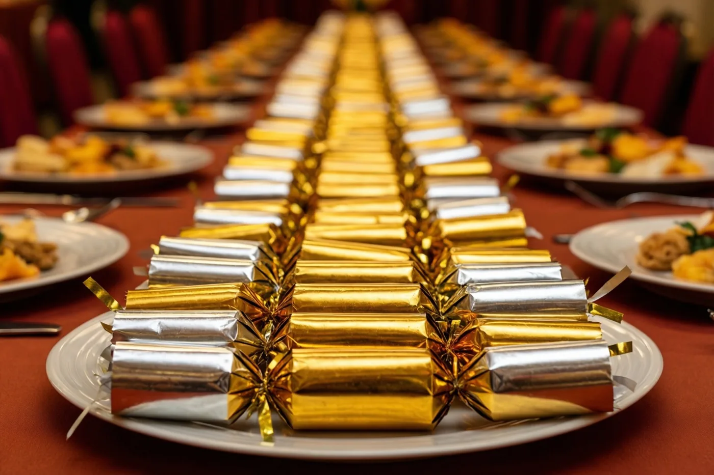 Een lange tafel met een rood tafelkleed en rode stoelen is gedekt met witte borden waarop gouden en zilveren feestcrackers liggen.