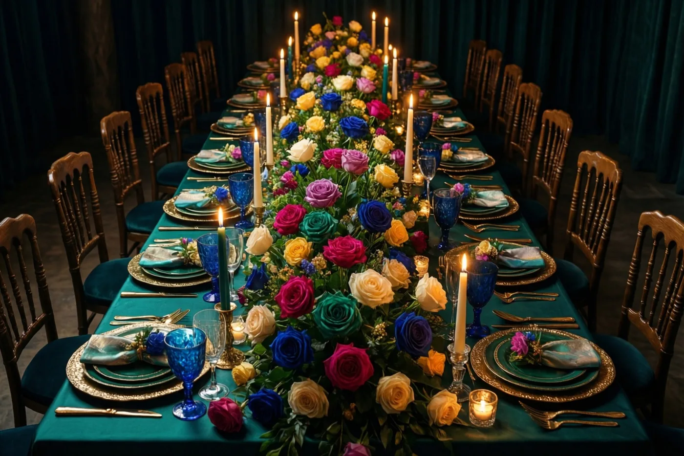 Een lange feesttafel met een blauwgroen tafelkleed, borden met gouden rand, blauwe glazen, tuinrozen en brandende kaarsen staat in een schemerige kamer met donkere gordijnen.