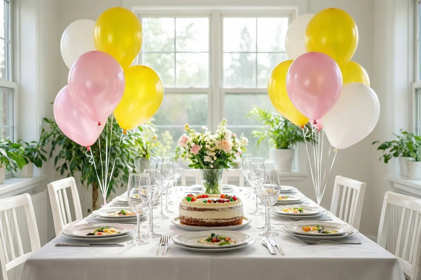 Een feestelijk gedekte tafel met een gelaagde taart, glazen en roze, gele en witte ballonnen staat bij ramen met daglicht en groene planten.