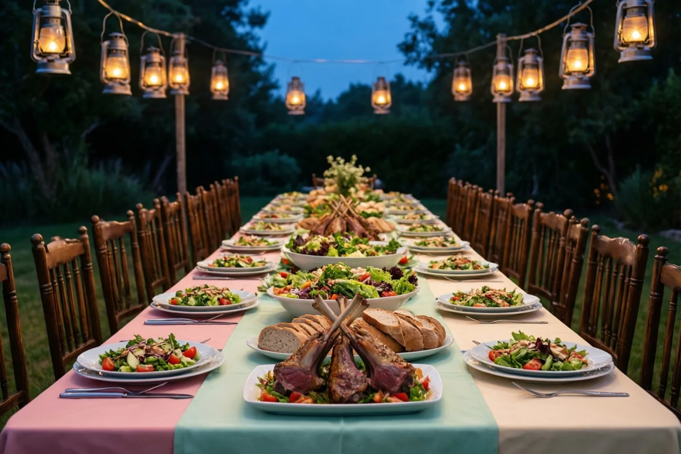 Een lange tafel met lamskoteletten, salades en brood staat in een tuin bij schemering, met houten stoelen en lichtslingers erboven.