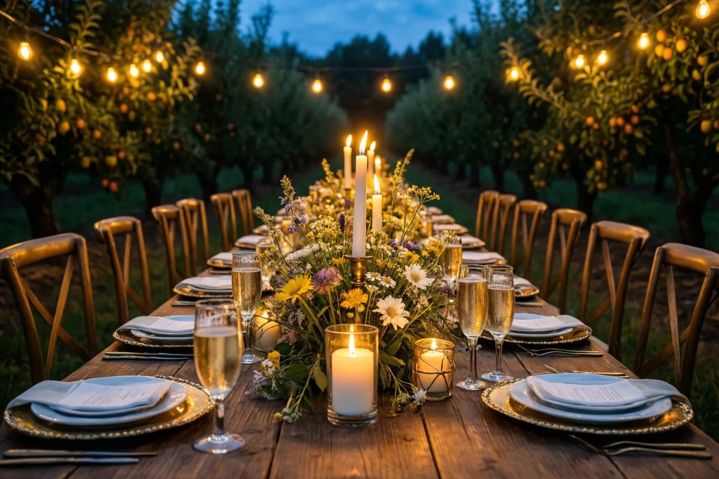 Een lange houten tafel met brandende kaarsen, veldbloemen en champagneglazen staat bij schemering onder lichtslingers in een boomgaard.